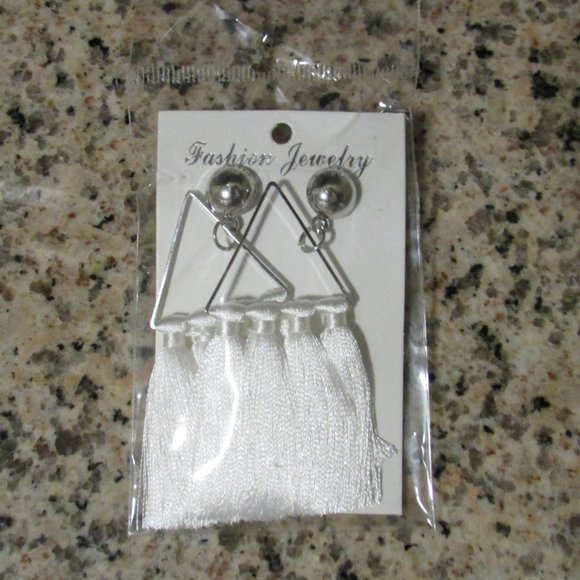 Silver Triangle Hoop Earrings with White Tassels - Picture 3 of 3